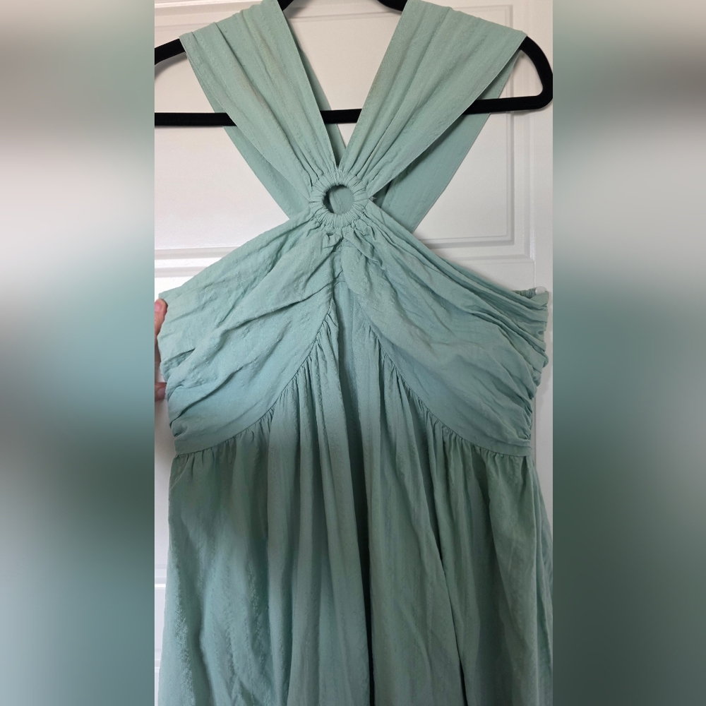 Wonderly Seafoam Green Crisscross Ring Back Midi Dress